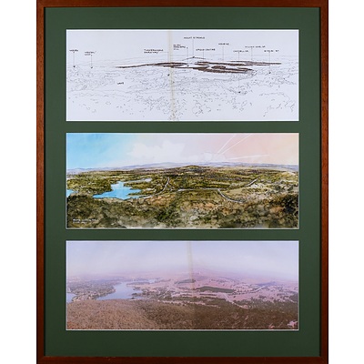 Eddie Gonzalez (20th Century), Three South-Western Views of Canberra, Ink, Watercolour and Photography, 72 x 56 (overall image size) 