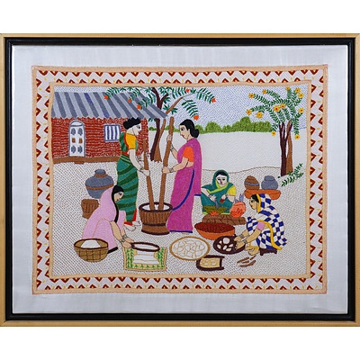 A Framed Bangladeshi Needlepoint of a Village Scene, 41 x 52 cm