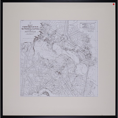 Contour Survey of the Site for the Federal Capital of Australia, Reproduction Map, Signed in Print by Charles Scrivener, 66 x 68 cm (image size)