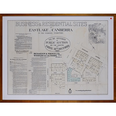 Framed Map of Business & Residential Sites at Eastlake, Canberra, for Public Auction 1924, Lithographic Print, 73 x 97 cm (image size)