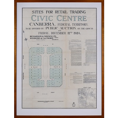 Framed Map of Sites for Retail Trading, Civic Centre, Canberra, for Public Auction 1924, Lithographic Print, 96 x 72 cm (image size)