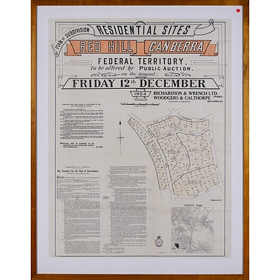 Framed Plan of Subdivision of Residential Sites, Red Hill, Canberra, for Public Auction 1924, Lithographic Print, 97 x 72 cm (image size)