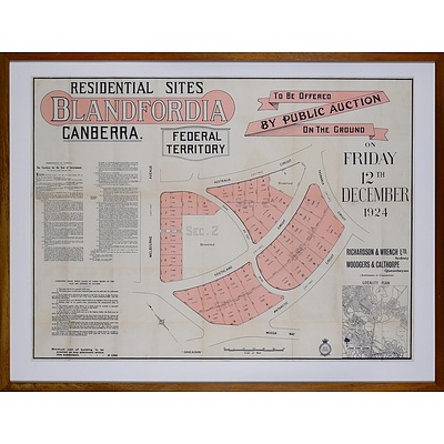 Framed Map of Residential Sites, Blandfordia, Canberra, for Public Auction 1924, Lithographic Print, 72 x 97 cm (image size)