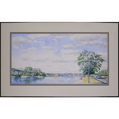 Howard Mason (working 1950s), Lake Burley Griffin Foreshore 1959, Watercolour, 42 x 82 cm