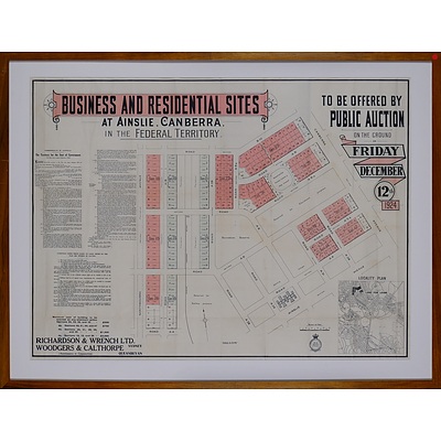 Framed Map of Business & Residential Sites, Ainslie, Canberra, for Public Auction 1924, Lithographic Print, 72 x 97 cm (image size)