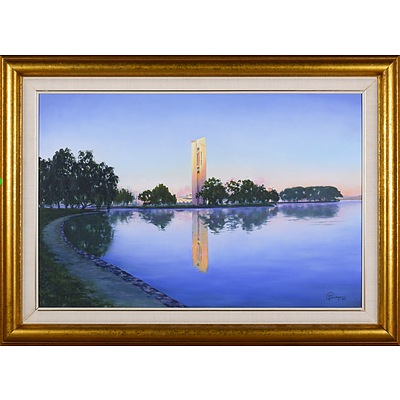 Peter G,. Schlumpp (20th Century), Carillon, Lake Burley Griffin, Canberra 1989, Oil on Canvas on Board, 49.5 x 75 cm