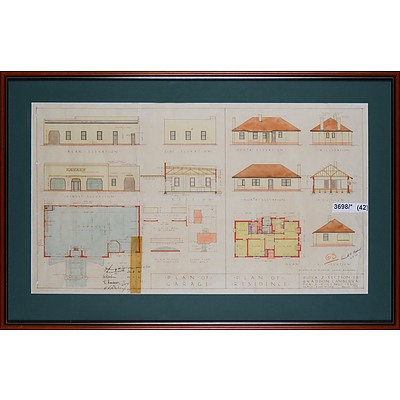 Kenneth Oliphant (1896-1975), Braddon House and Garage Plans for R. R. Genge Esq., August 1935, Ink and Watercolour, 43 x 76 cm (image size)