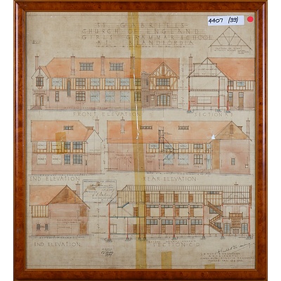 L. H. Rudd & D. E. Limburg Architects, Plans for St Gabriel's Church of England Girls Grammar School at Blandfordia 1927, Ink and Watercolour, 62.5 x 56 cm