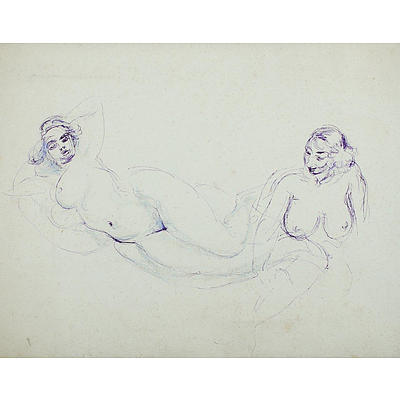 Artist Unknown , Two Nudes, Pen & Ink