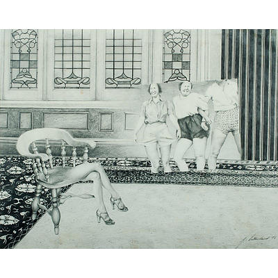 M. E. Sutherland, Surreal Interior, 1978, Pencil