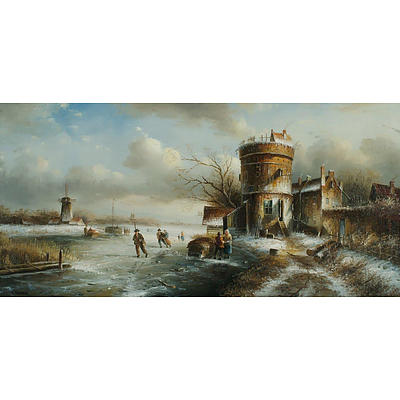 P. Weston , Dutch Winter Scene with Skaters, Oil on Panel