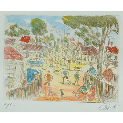 Pro Hart (1928-2006), Busy Street, Hand Coloured Etching