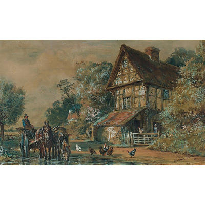 Bears Signature Warren Williams, Tudor Cottage, Horse & Cart, Watercolour & Gouache