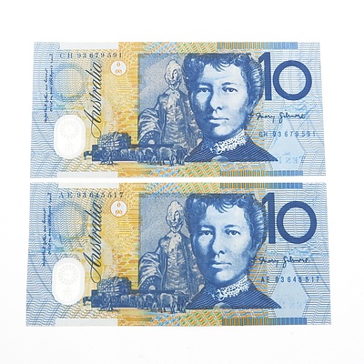 Two Uncirculated Error $10 Fraser/ Evans Polymer Banknotes - Wet-Ink Transfer, AE93645517 and CH93679591