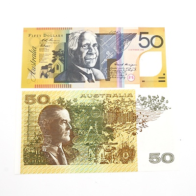 First/ Last First Prefix $50 Notes, Uncirculated $50 Fraser/ Evans Australia Paper Banknote and Uncirculated $50 Fraser/ Evans Australia Polymer Note, AA95000120 and AA95000120