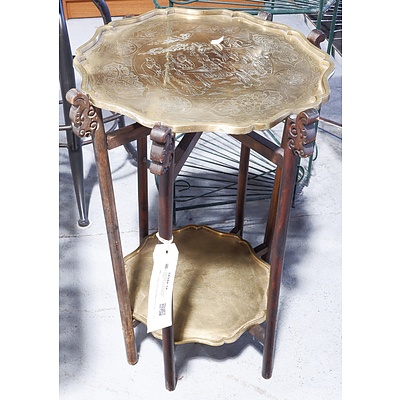 Vintage Chinese Occasional Table With Heavy Decorated Brass Trays And Folding Frame