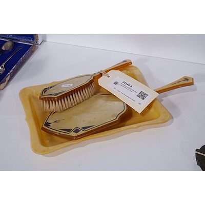 Art Deco Lucite Brush, Hand Mirror and Tray Set