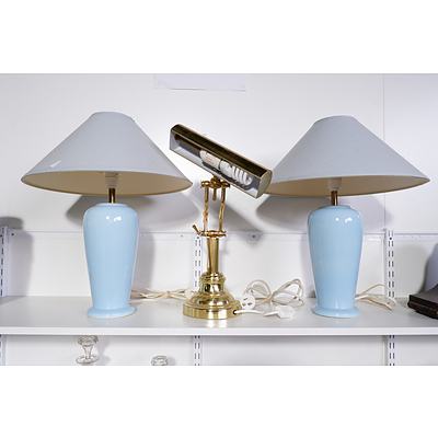 Vintage Style Brass Bankers Desk Lamp and a Pair of Pale Blue Ceramic Table Lamps with Shades