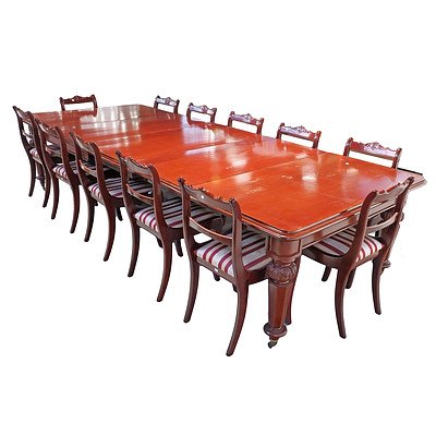 Antique Style Mahogany Three Leaf Extension Dining Table with a Set of Twelve Matching Chairs