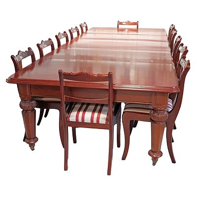 Antique Style Mahogany Three Leaf Extension Dining Table with a Set of Twelve Matching Chairs