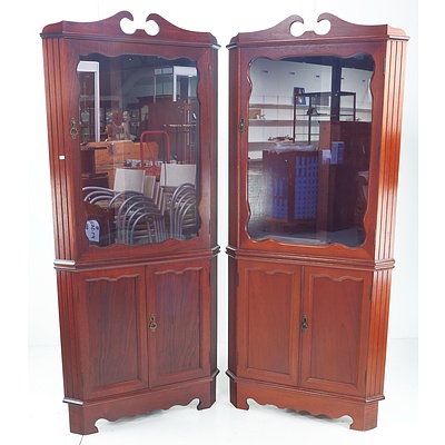 Pair of Antique Style Cedar Corner Display Cabinets with Glass Doors Above