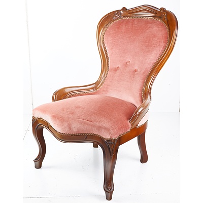 Victorian Mahogany Grandmother Chair with Salmon Velour Upholstery