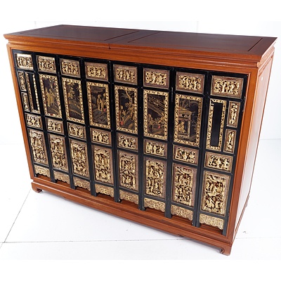Vintage Chinese Rosewood Bar Cabinet Modified with Antique Four Panel Carved and Polychrome Lacquer Table Screens as Doors and with Fitted Internal Drawers - Later 20th Century
