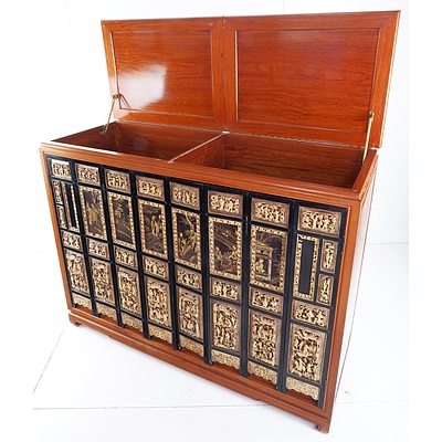 Vintage Chinese Rosewood Bar Cabinet Modified with Antique Four Panel Carved and Polychrome Lacquer Table Screens as Doors and with Fitted Internal Drawers - Later 20th Century