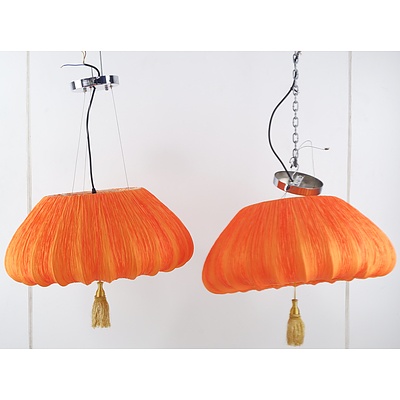 Pair of Oriental Pumpkin Form Silk Fabric Lanterns