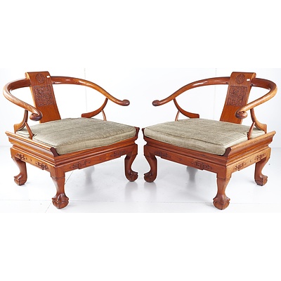 Pair of Chinese Rosewood Horseshoe Back Armchairs with Carved Symbolic Decoration - Later 20th Century