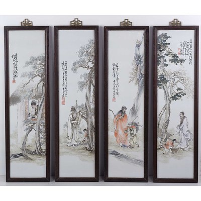 Set of Four Chinese Famille Rose Porcelain Pictorial Plaques of Sages, Later 20th Century