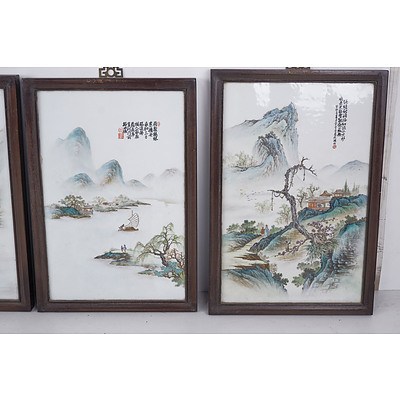 Set of Four Chinese Famille Rose River Landscape Plaques, Later 20th Century