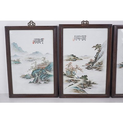Set of Four Chinese Famille Rose River Landscape Plaques, Later 20th Century