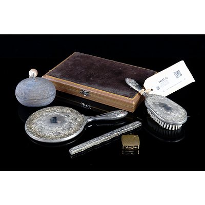 Vintage Silver Plate Weighted Hand Mirror, Brush and Comb Handle, Ceramic Trinket Box, Wooden Jewellery Box and Brass Pocket Ashtray
