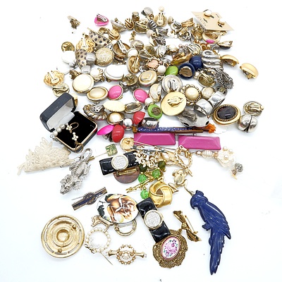 Group of Vintage Clip on Earrings and Assorted Brooches and Scarf Clips