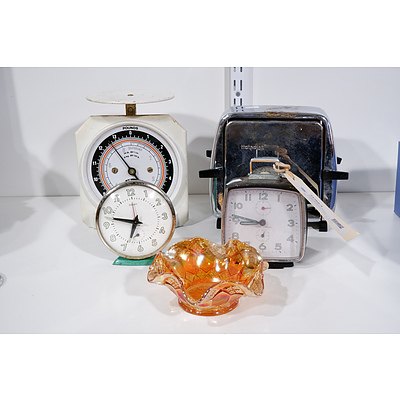 Vintage Hotpoint Toaster, Persinware Scales, Two Seiko Alarm Clocks and a Small Carnival Glass Dish