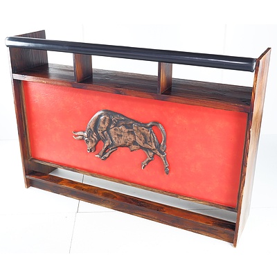 Retro Burnt Pine Freestanding Bar with Carved Bull Motif to Front
