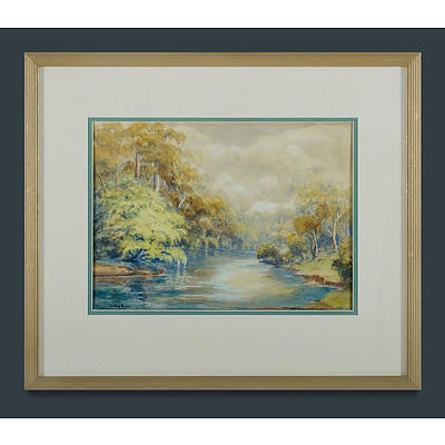 John Pick, River Scene with Trees, watercolour