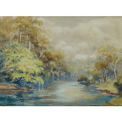 John Pick, River Scene with Trees, watercolour