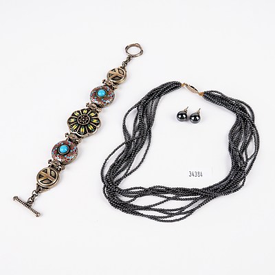 Hematite Necklace, Earrings and an Enamelled Metal Bracelet
