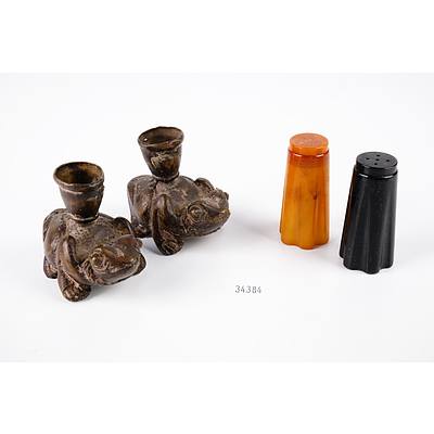 Art Deco Bakelite Pepper Pots and a Pair of Indonesian Cast Brass Frog Form Candle Holders