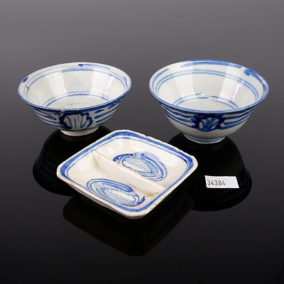 Two Antique Chinese Blue and White Tea Bowls and an Antique Chinese Double Compartment Dish