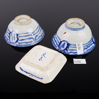 Two Antique Chinese Blue and White Tea Bowls and an Antique Chinese Double Compartment Dish
