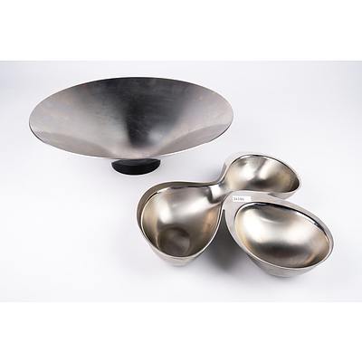 Ron Arad Stainless Dish Tripartite Dish for Alessi and a Danish Royal Copenhagen Conical Stainless Bowl