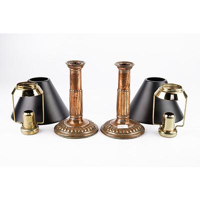 Pair of Georgian Sheffield Plate and Copper Candlesticks with Later Candle Shades