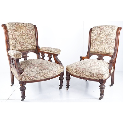 Edwardian Walnut Grandfather and Grandmother Chairs in Classic Floral Upholstery (2)