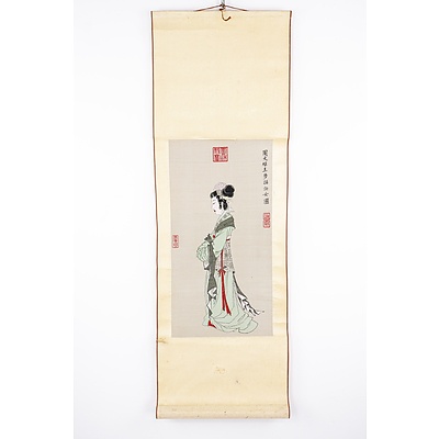 Chinese Scroll with Silk on Silk Artwork of Lady.