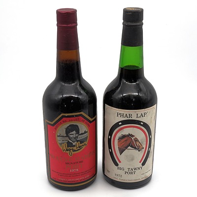 Wayne Harris Verona Winery 1978 Signature Port Bottle No. 633 and Phar Lap Big Tawny Port No. 8972 (2)