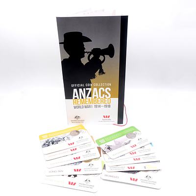 "ANZAC Remembered" Official WWI 1914-1918 Coin Collection Complete Set in Folder and Ten Additional Coins "100 Years of ANZAC"