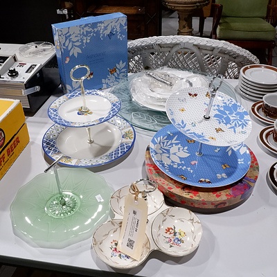 Six Various Glass and Porcelain Cake Stands and Two Contemporary Lazy Susans